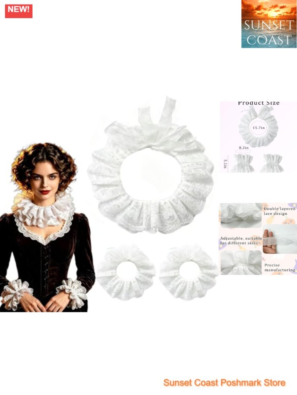 Lace Clown Neck Ruffle Collar & Cuffs Set Adjustable Costume Accessory